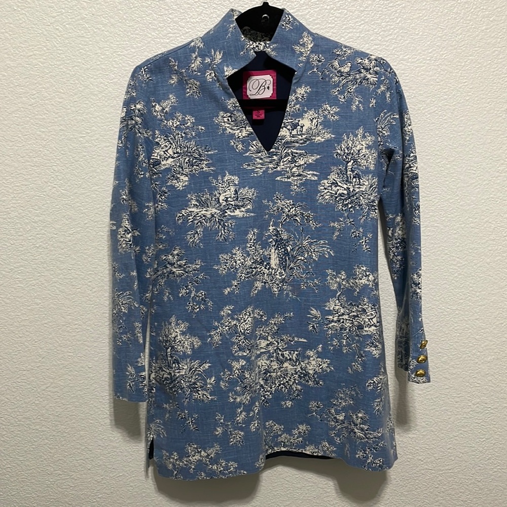 B The Collection Preppy Blue Tunic Blouse Lined‎ Pockets